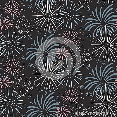 Seamless pattern with hand drawn fireworks. Colorful holiday vector endless background Vector Illustration