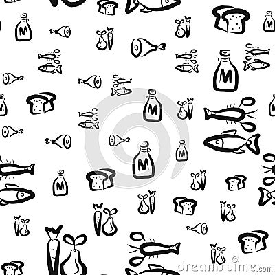 Seamless pattern with hand drawn food elements.fish, bread, seafood, milk, cheese, vegetables, greens.design for mugs Vector Illustration