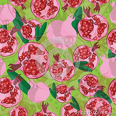 Seamless pattern with hand-drawn fresh pomegranate and leaves on green background. For card, wrapping, banners. Stock Photo