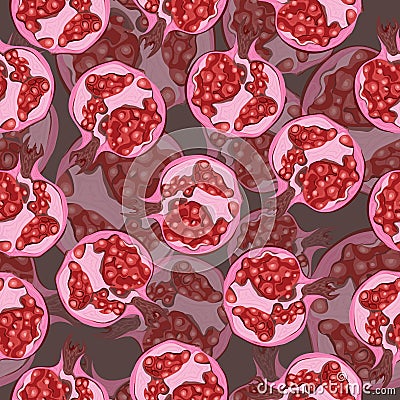 Seamless pattern with hand-drawn fresh pomegranate. Red and pink color. For card, wrapping, banners, label. Stock Photo