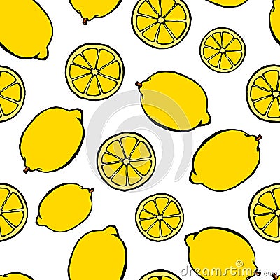 Seamless pattern with hand drawn fruits elements lemon. Vegetarian wallpaper Vector Illustration