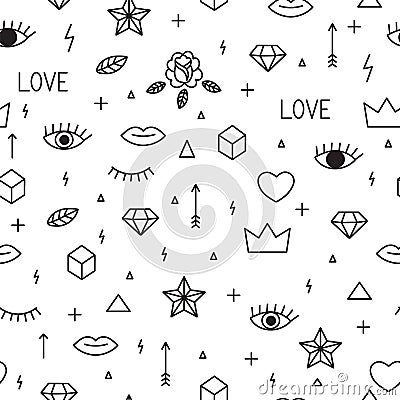 Seamless pattern with hand drawn geometric elements. Abstract trendy background. Memphis style. Modern sketch Vector Illustration