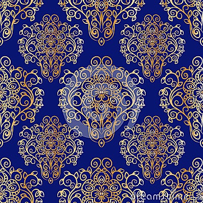 Seamless pattern with hand drawn golden ornament on a blue background Vector Illustration