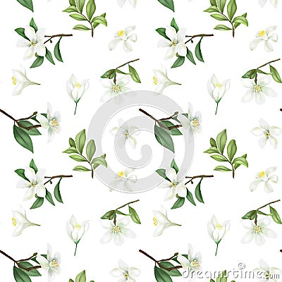 Seamless pattern with hand drawn green lemon tree branches and lemon lime flowers Stock Photo