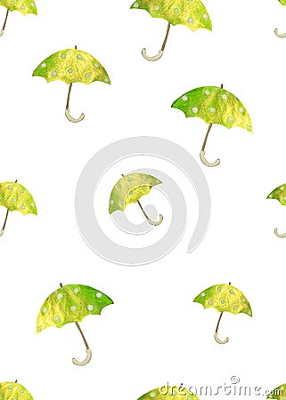 Seamless pattern with hand drawn green umbrellas with white circles on white background Stock Photo