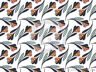 Seamless pattern from hand-drawn half black and colorful and striped symbolic flowers with stem and leaves on a white background. Vector Illustration