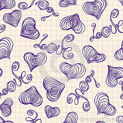 Seamless pattern of hand-drawn heart shape and the inscription love Cartoon Illustration