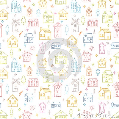 Seamless pattern with hand drawn houses. Buildings. Doodle style. Texture for fabric, wrapping, wallpaper, textile Vector Illustration