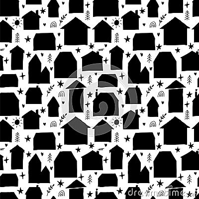 Seamless pattern with hand drawn houses, buildings. Flat style. Texture for fabric, wallpaper, wrapping, textile Vector Illustration