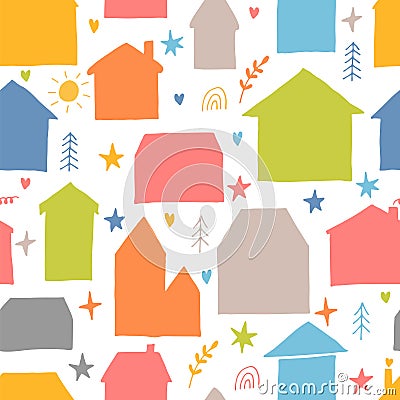 Seamless pattern with hand drawn houses, buildings. Flat style. Texture for fabric, wrapping, textile, wallpaper Vector Illustration