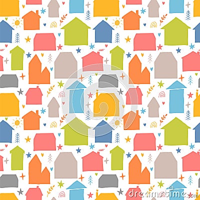 Seamless pattern with hand drawn houses, buildings. Flat style. Texture for fabric, wrapping, wallpaper, textile Vector Illustration
