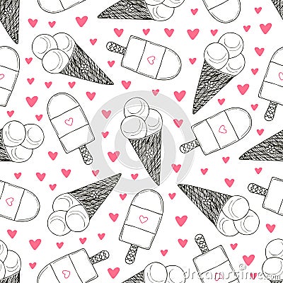 Seamless pattern with hand drawn ice creams. Doodle cream vector cute hearts Vector Illustration