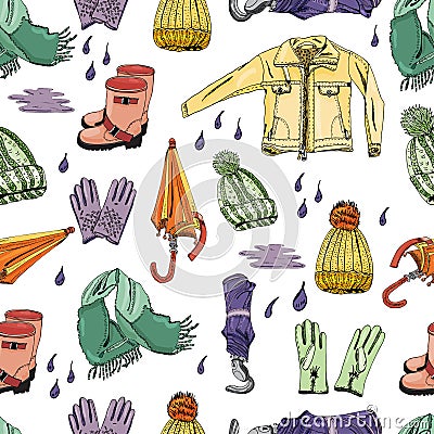 Seamless pattern with hand drawn of items of autumn clothes and drops. Ink and colored sketch elements. Vector Illustration