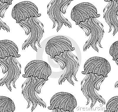 Seamless pattern with Hand drawn jellyfish for adult Coloring Page Cartoon Illustration