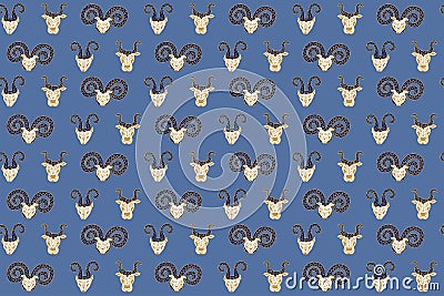 Seamless pattern of hand-drawn lamb, goat and bull heads with white faces in ethnic style on a light blue background. Mystical ani Vector Illustration