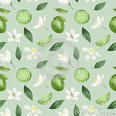 Seamless pattern with hand drawn limes green lemons and lime flowers Stock Photo