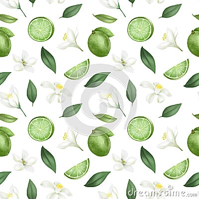 Seamless pattern with hand drawn limes green lemons and lime flowers Stock Photo