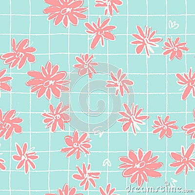 Seamless pattern with hand drawn meadow flowers in Ditzy style with plaid Vector Illustration