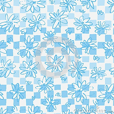 Seamless pattern with hand drawn meadow flowers in Ditzy style with plaid Vector Illustration