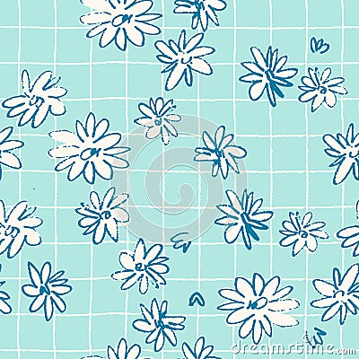 Seamless pattern with hand drawn meadow flowers in Ditzy style with plaid Vector Illustration