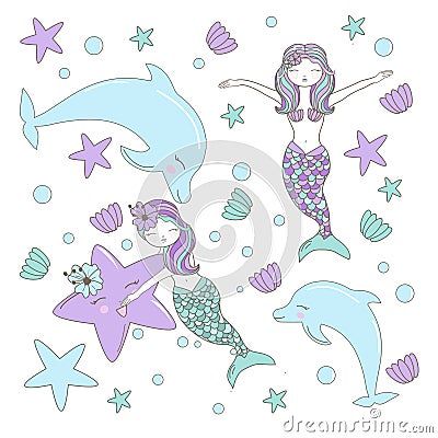 Seamless Pattern with Hand drawn with mermaids, sea star, flowers and shells in pastel colors. Cute Illustration for baby showers, Vector Illustration