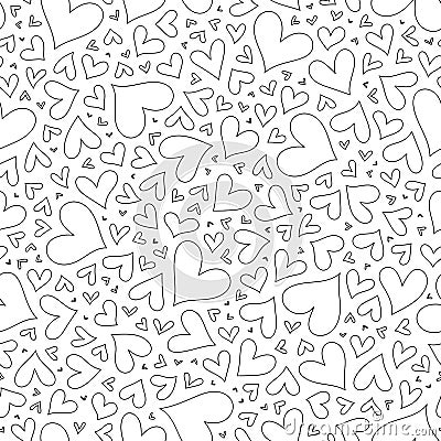 Seamless pattern with hand drawn monochrome hearts in zentangle Vector Illustration