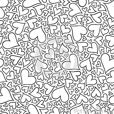 Seamless pattern with hand drawn monochrome hearts in zentangle Vector Illustration