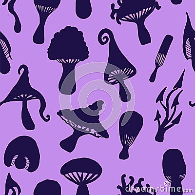 Seamless pattern with hand-drawn mystical mushrooms. Halloween black fungus silhouettes. Vector Illustration