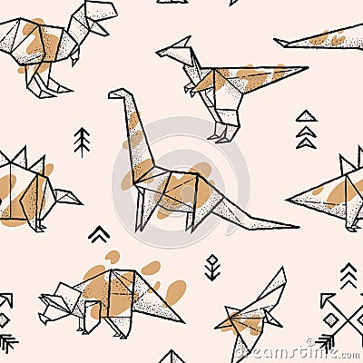 Origami dinosaurs with splashes seamless pattern. Trendy hand drawn vector illustration Vector Illustration