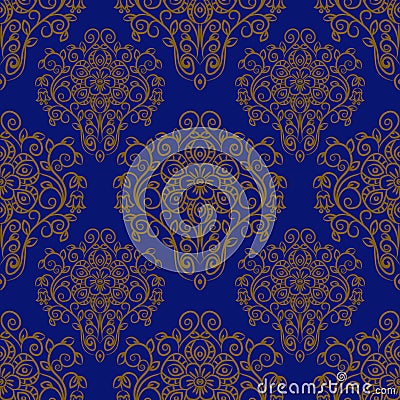 Seamless pattern with hand drawn ornament on a blue background. Vector Illustration