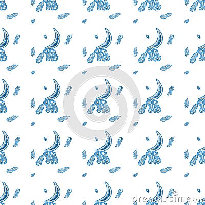 Seamless pattern of hand-drawn ornamental crescent stickers with crystals and feathers suspended from below and individually on a Vector Illustration