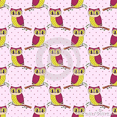 Seamless pattern with hand drawn owls. Vector Illustration