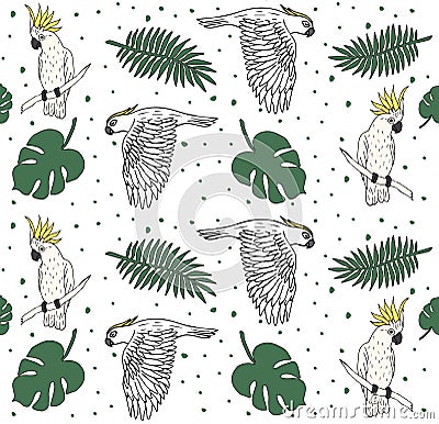 Seamless pattern of hand drawn parrot and leaves Vector Illustration