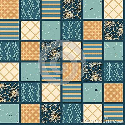 Seamless pattern. Hand drawn patchwork quilt grid. Festive folk art mosaic collage background. Traditional geometric holiday all Cartoon Illustration