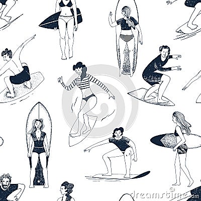 Seamless pattern with hand drawn people surfing Vector Illustration