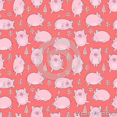 Seamless pattern of hand-drawn pigs and Christmas trees on an isolated red background. Vector illustration of piglets for the New Cartoon Illustration