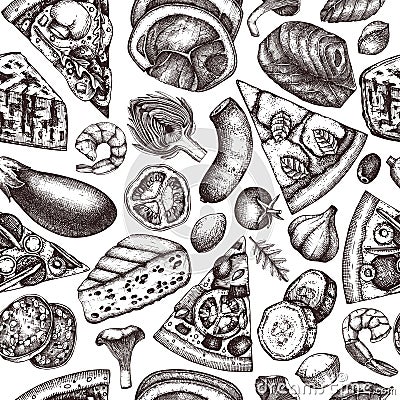 Seamless pattern with hand drawn Pizza ingredients sketches. Vector Italian food drawing. Engraving style Fast food background wit Stock Photo