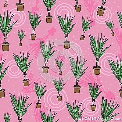 Seamless pattern of hand drawn plants in pots, green and pink colors. Tropical background. Vector Illustration