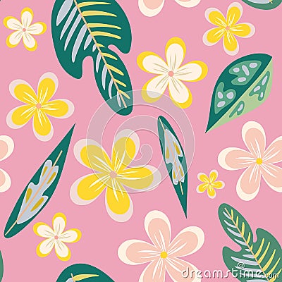 Seamless pattern of hand drawn plumeria tropical flowers and leaves on a pink background. Vector Illustration