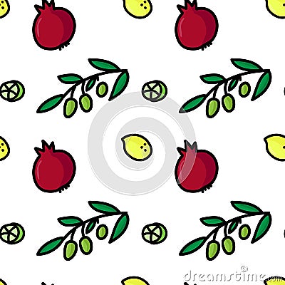 Seamless pattern with hand drawn pomegranade, olive branch, green lime and yellow limon. Vector Illustration