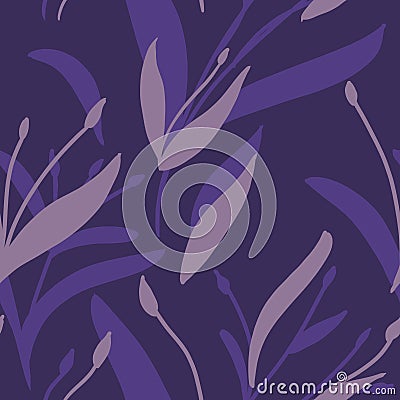 Seamless pattern with hand-drawn purple and beige plants and branches on purple background. Elegant linen, bedclothing, print, pac Stock Photo