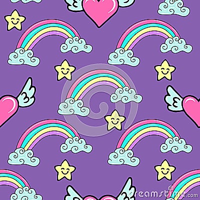 Seamless pattern with a hand drawn rainbow, stars and flying hearts. Vector Illustration