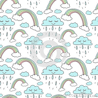 Seamless pattern of hand-drawn rainbows and clouds with rain. Vector background image for holiday, baby shower, unicorn prints, wr Stock Photo