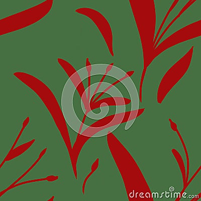 Seamless pattern with hand-drawn red plants and branches on green background. Linen bedclothing print Stock Photo