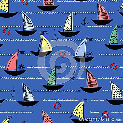 Seamless pattern with hand drawn sailing boats, anchors, fishhooks for surface design and other design projects Vector Illustration
