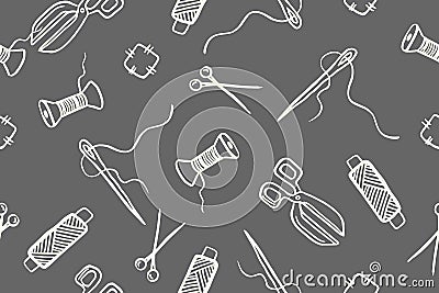 Seamless pattern with hand drawn sewing retro elements. Vector illustration hand drawn sewing tools Vector Illustration