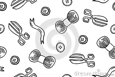 Seamless pattern with hand drawn sewing retro elements. Vector illustration hand drawn sewing tools Vector Illustration