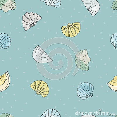 Seamless pattern with hand drawn shells, sands and waves for surface design and other design projects Vector Illustration