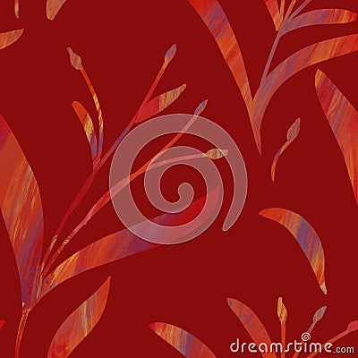 Seamless pattern with hand-drawn shining red gradient branches on red background. Linen, bedclothing, print, packaging, wallpaper, Stock Photo