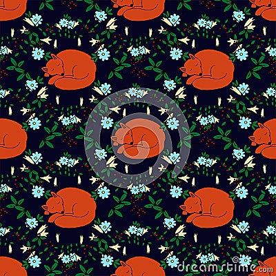 Seamless pattern with hand-drawn sleeping cute fox and flowers Vector Illustration